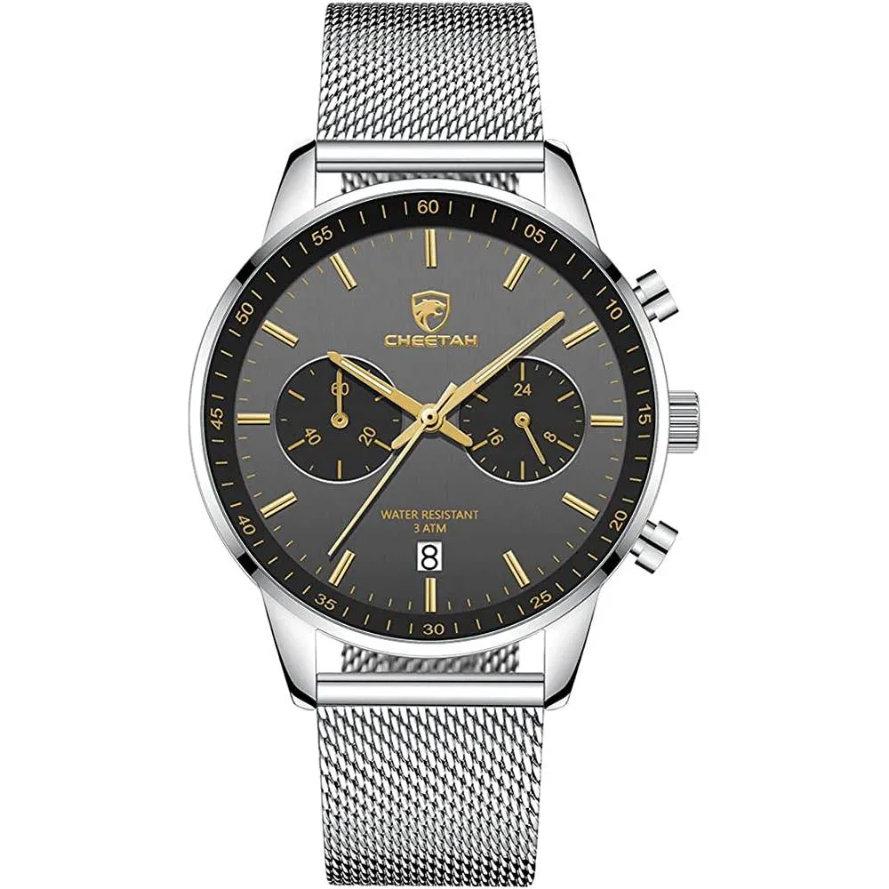GOLDEN HOUR Mens Watch Fashion Sleek Minimalist Quartz Analog Mesh Stainless Steel Waterproof Chronograph Watches for Men with Auto Date
