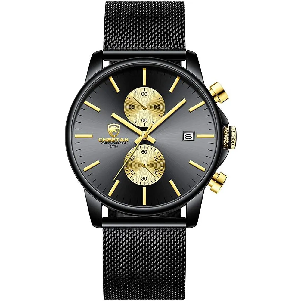 GOLDEN HOUR Mens Watch Fashion Sleek Minimalist Quartz Analog Mesh Stainless Steel Waterproof Chronograph Watches for Men with Auto Date