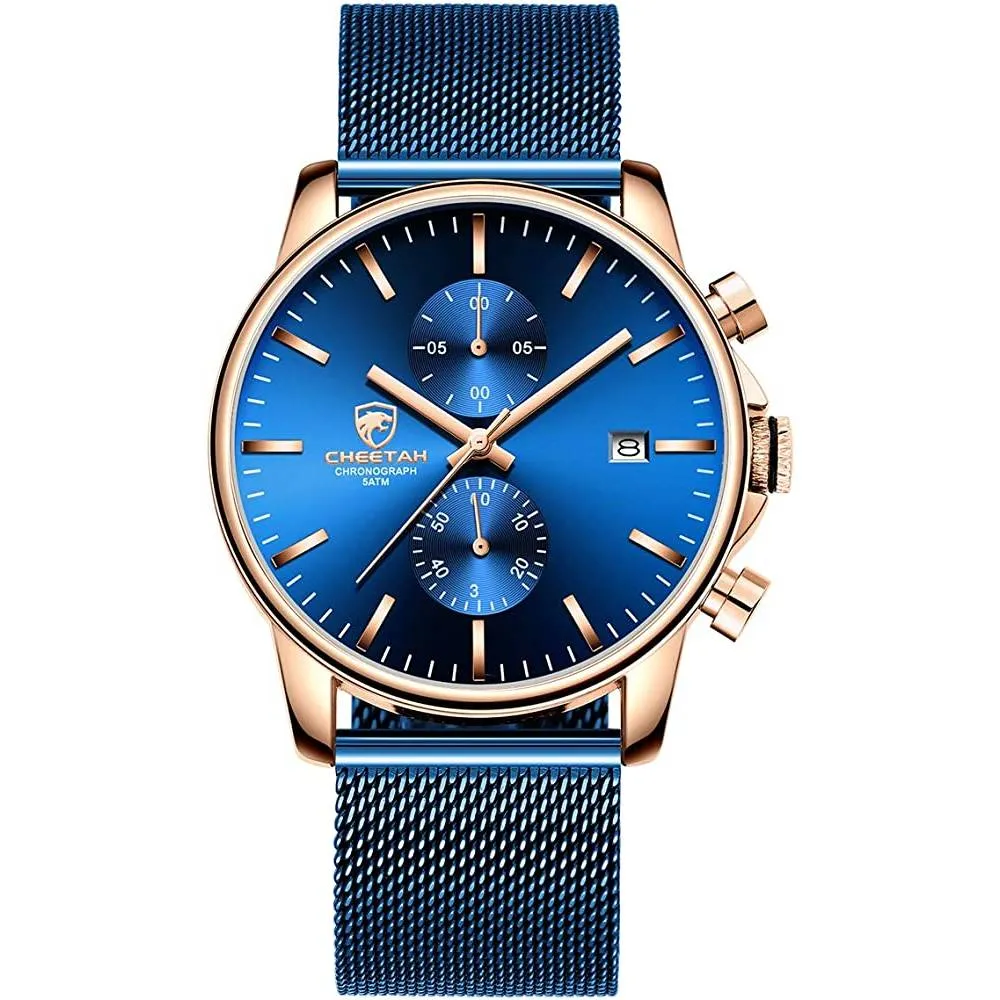 GOLDEN HOUR Mens Watch Fashion Sleek Minimalist Quartz Analog Mesh Stainless Steel Waterproof Chronograph Watches for Men with Auto Date
