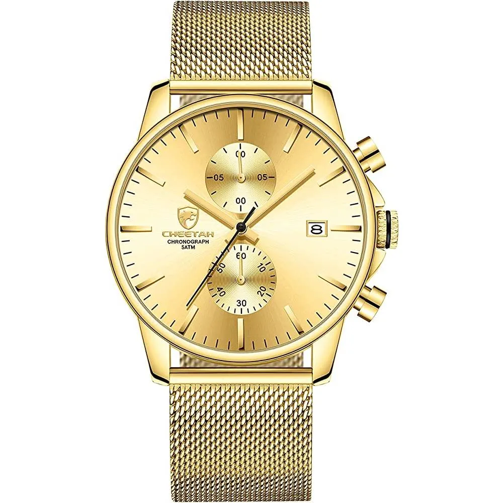 GOLDEN HOUR Mens Watch Fashion Sleek Minimalist Quartz Analog Mesh Stainless Steel Waterproof Chronograph Watches for Men with Auto Date