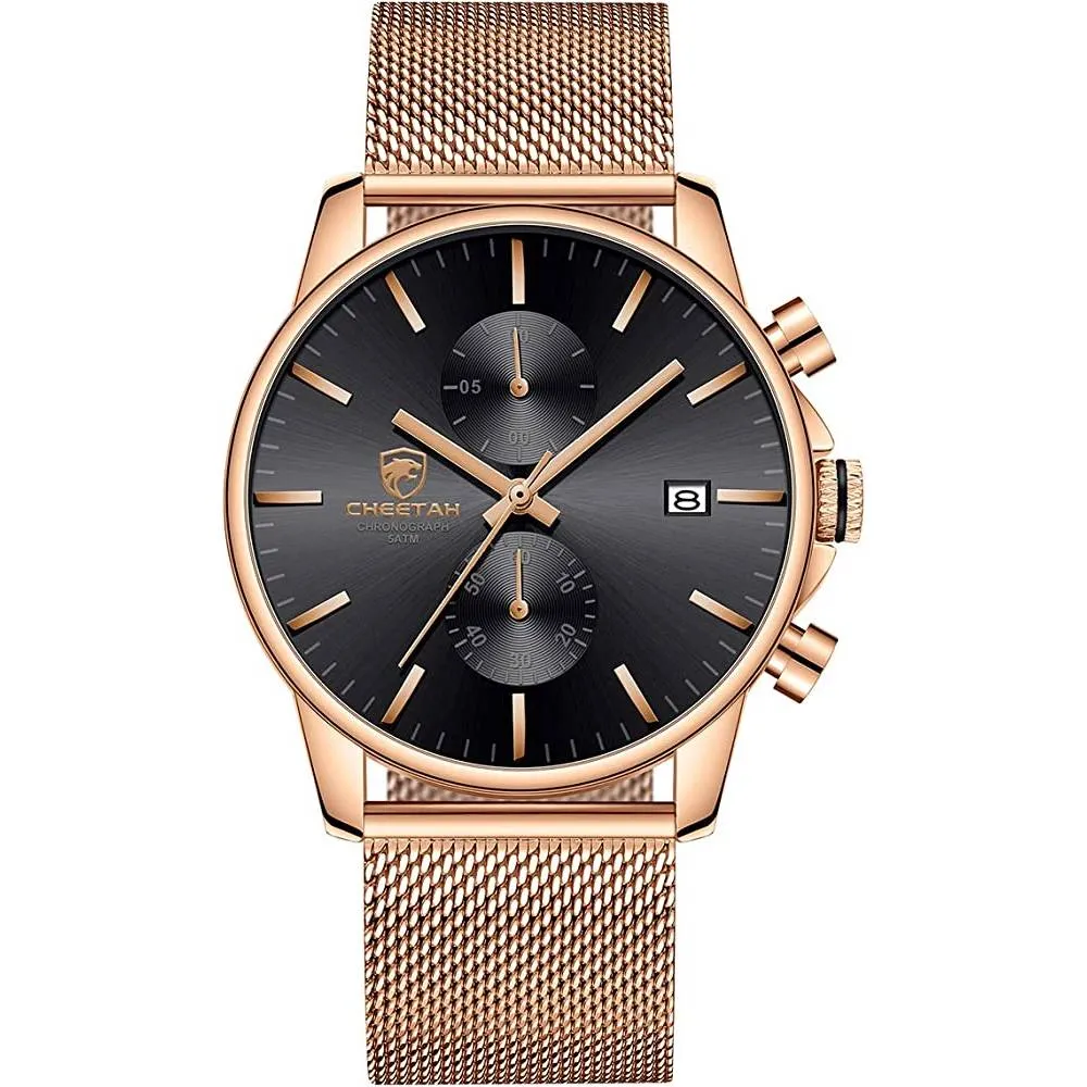 GOLDEN HOUR Mens Watch Fashion Sleek Minimalist Quartz Analog Mesh Stainless Steel Waterproof Chronograph Watches for Men with Auto Date
