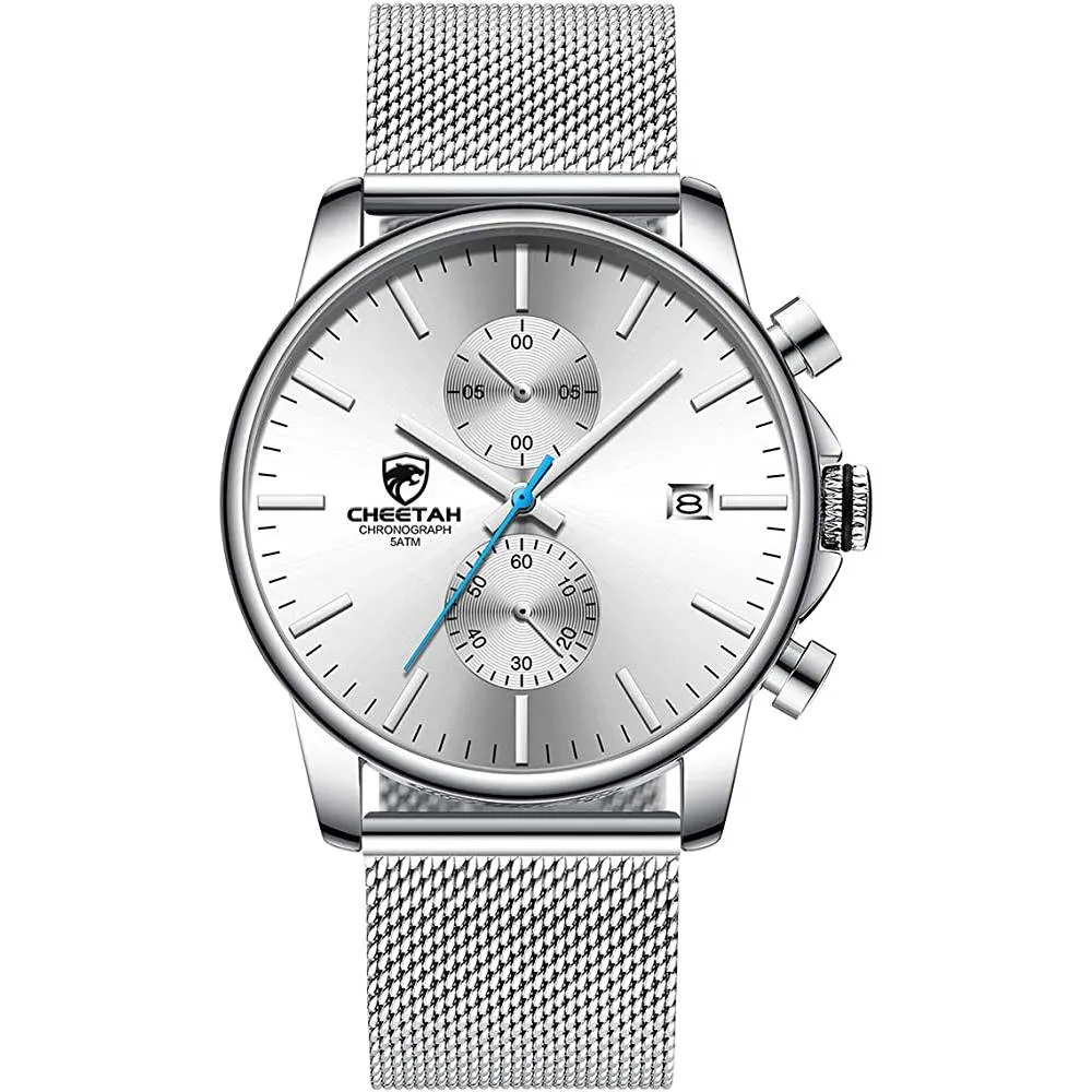GOLDEN HOUR Mens Watch Fashion Sleek Minimalist Quartz Analog Mesh Stainless Steel Waterproof Chronograph Watches for Men with Auto Date