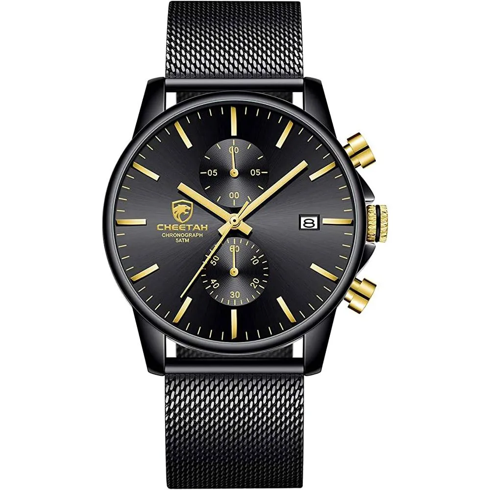 GOLDEN HOUR Mens Watch Fashion Sleek Minimalist Quartz Analog Mesh Stainless Steel Waterproof Chronograph Watches for Men with Auto Date