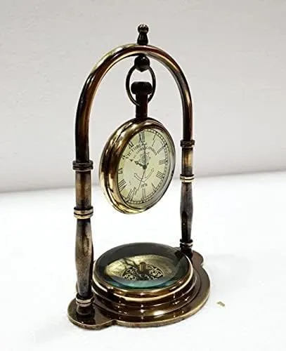 Grow More Planters Brass Compass Base Table Clock Antique Brass Desk Clock Maritime Victoria London Hanging Clock