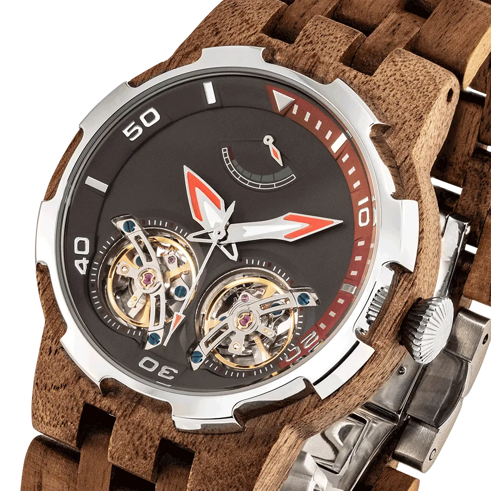 High End Men's Dual Wheel Automatic Walnut Wood Watch