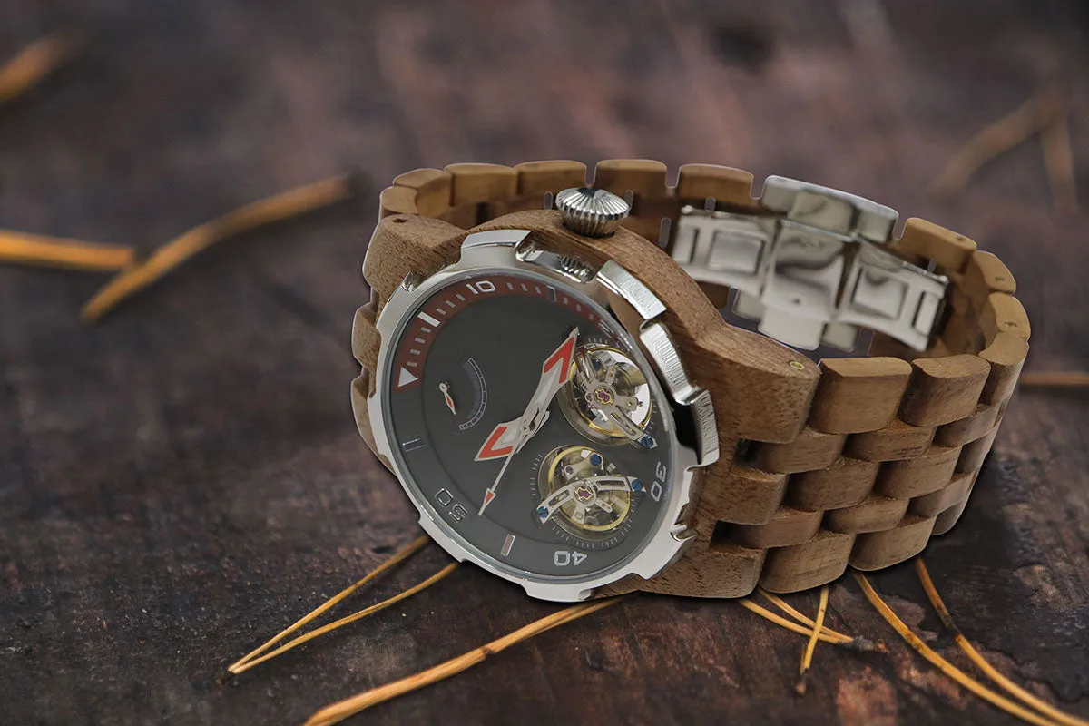 High End Men's Dual Wheel Automatic Walnut Wood Watch