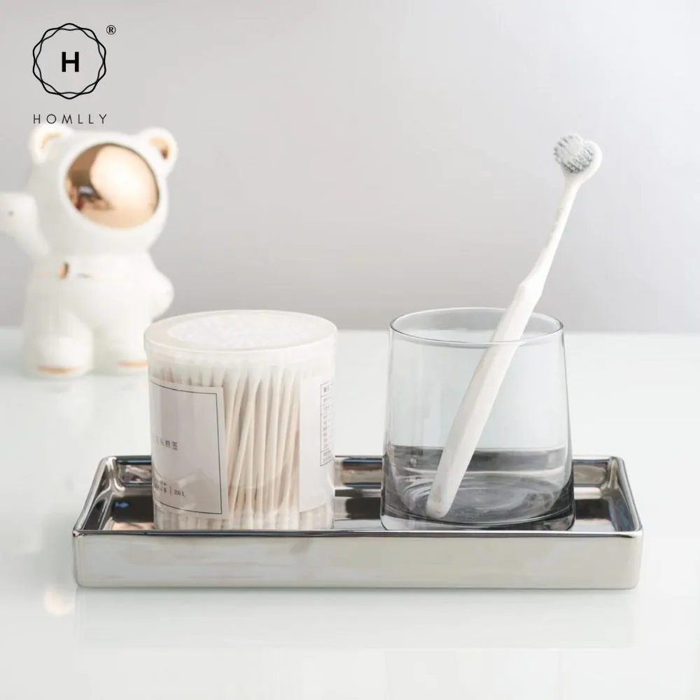 Homlly Silver Ceramic Jewelry Toothbrush Vanity Tray Holder