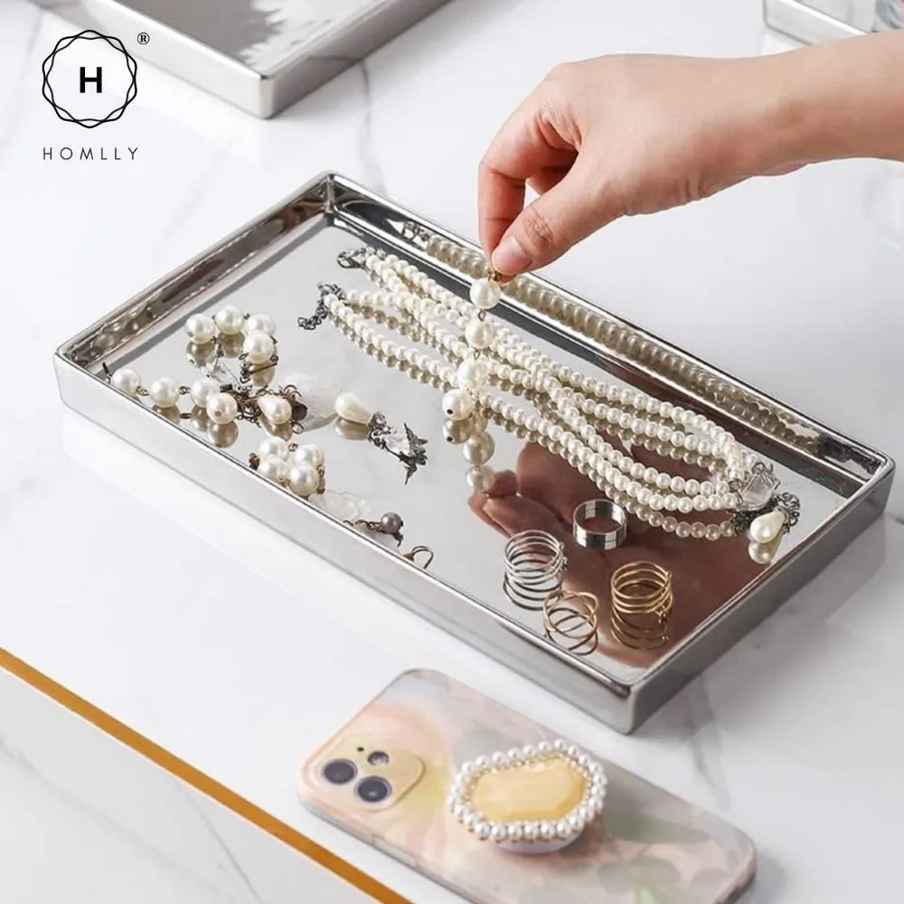 Homlly Silver Ceramic Jewelry Toothbrush Vanity Tray Holder