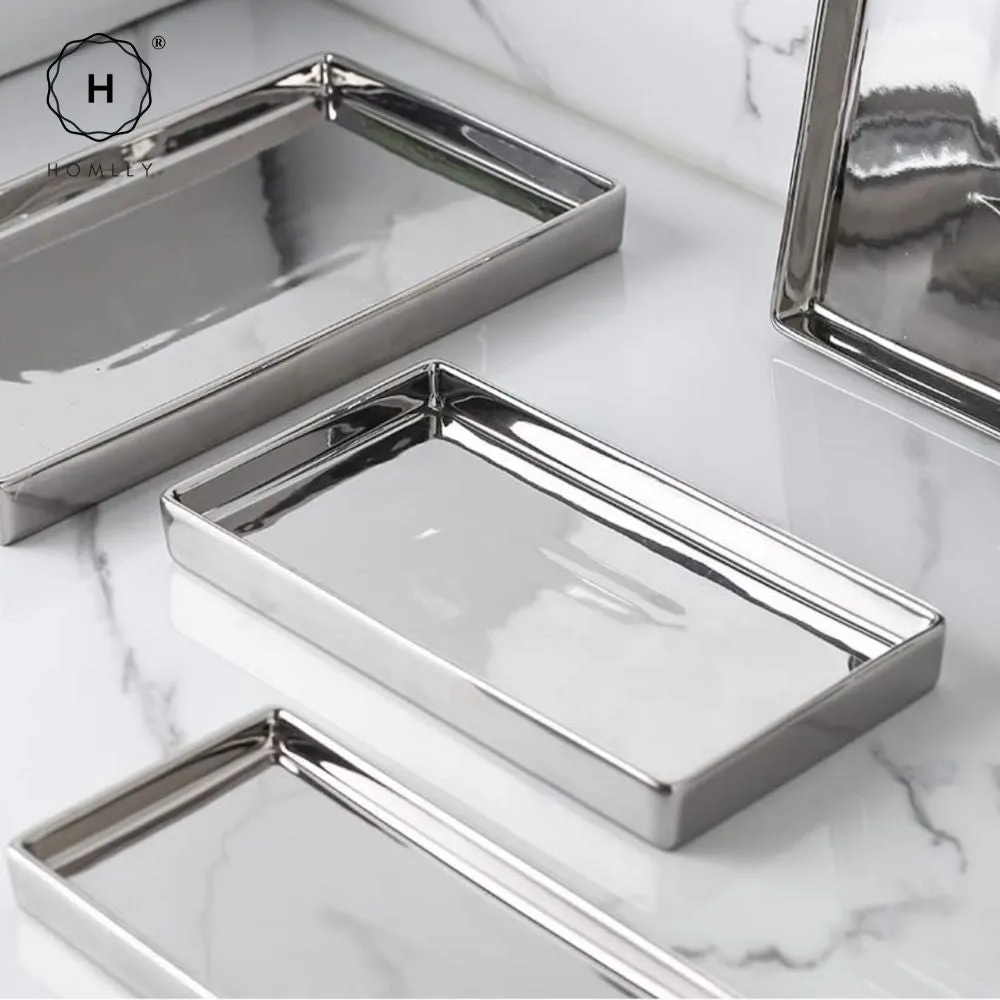 Homlly Silver Ceramic Jewelry Toothbrush Vanity Tray Holder