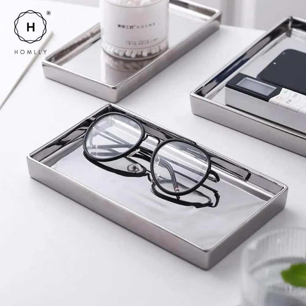 Homlly Silver Ceramic Jewelry Toothbrush Vanity Tray Holder