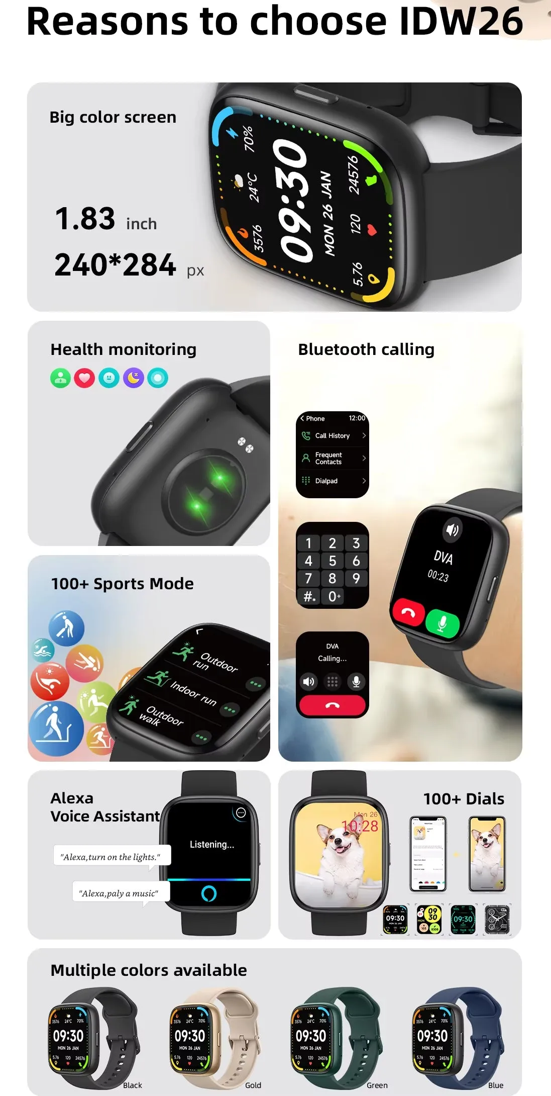 IDW26 Smart Watches 1.83" HD Screen 100  Sport Models Heart Rate Monitor Smartwatch for Men Women Build-In Alexa 3ATM IP68