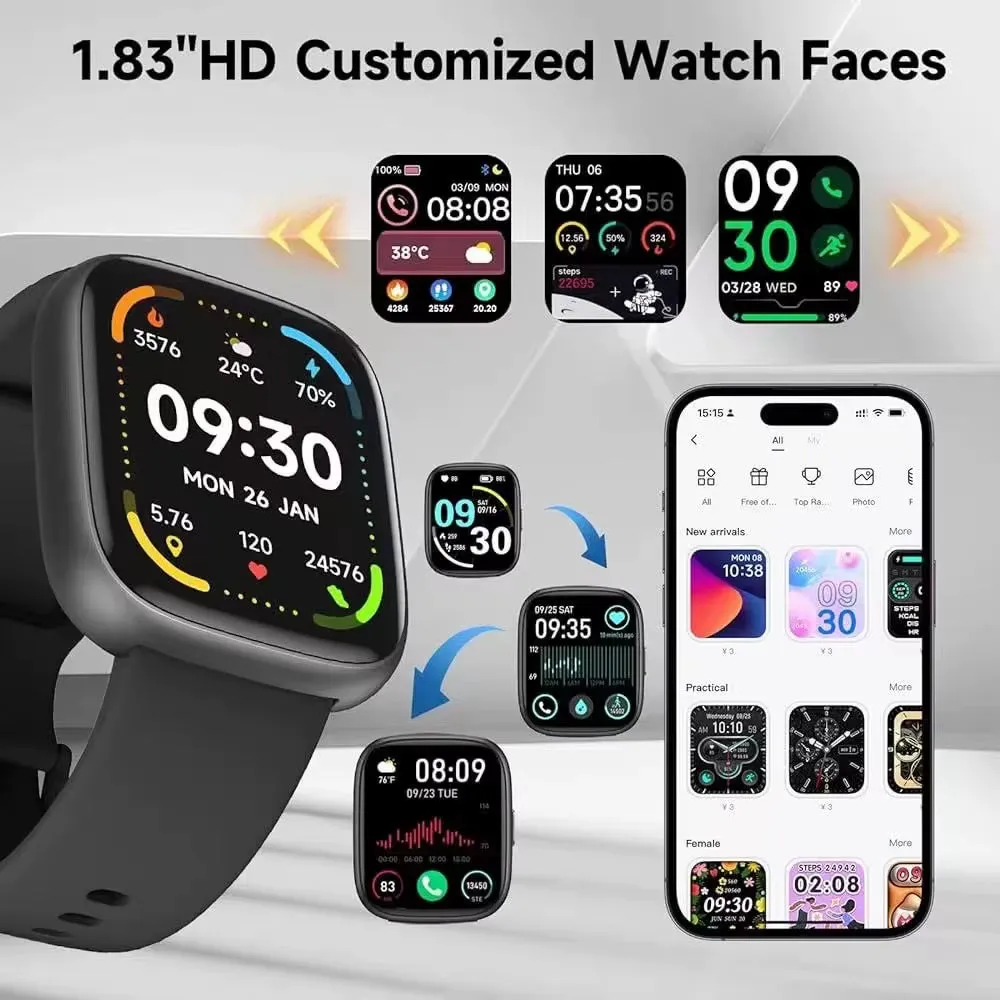 IDW26 Smart Watches 1.83" HD Screen 100  Sport Models Heart Rate Monitor Smartwatch for Men Women Build-In Alexa 3ATM IP68