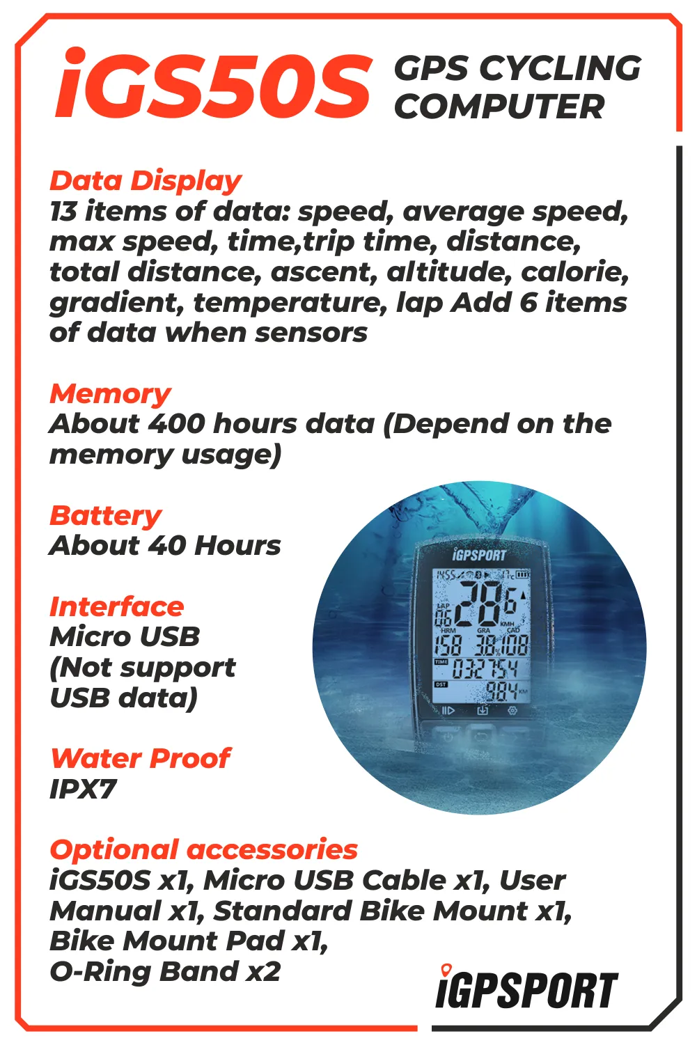 iGPSPORT iGS50S GPS Wireless Bike Computer w/ HR60 Heart Rate, BH50 Case, M80 Mount, SPD70 Speed and CAD70 Cadence Sensors and Bike Multi-Tool Bundle