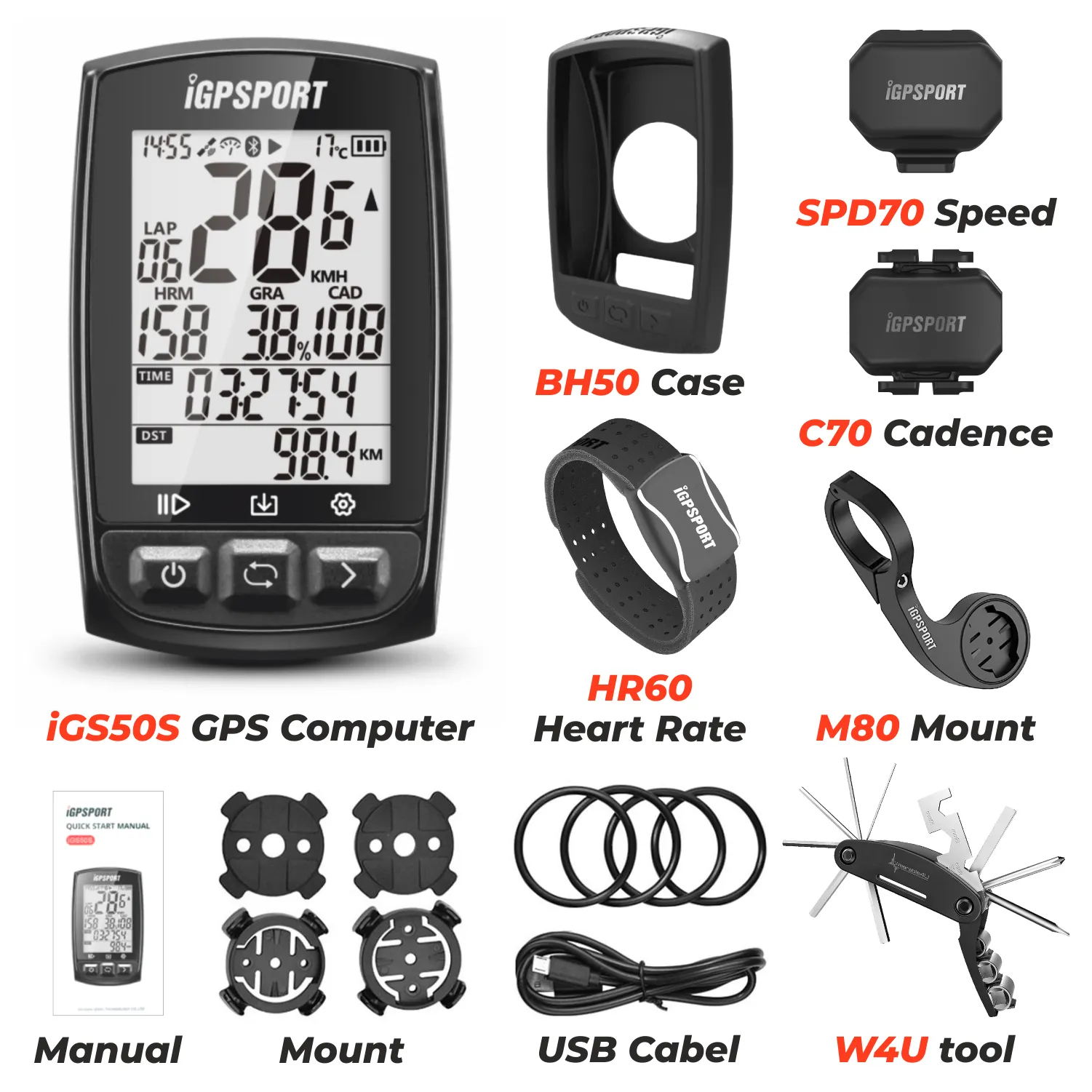 iGPSPORT iGS50S GPS Wireless Bike Computer w/ HR60 Heart Rate, BH50 Case, M80 Mount, SPD70 Speed and CAD70 Cadence Sensors and Bike Multi-Tool Bundle
