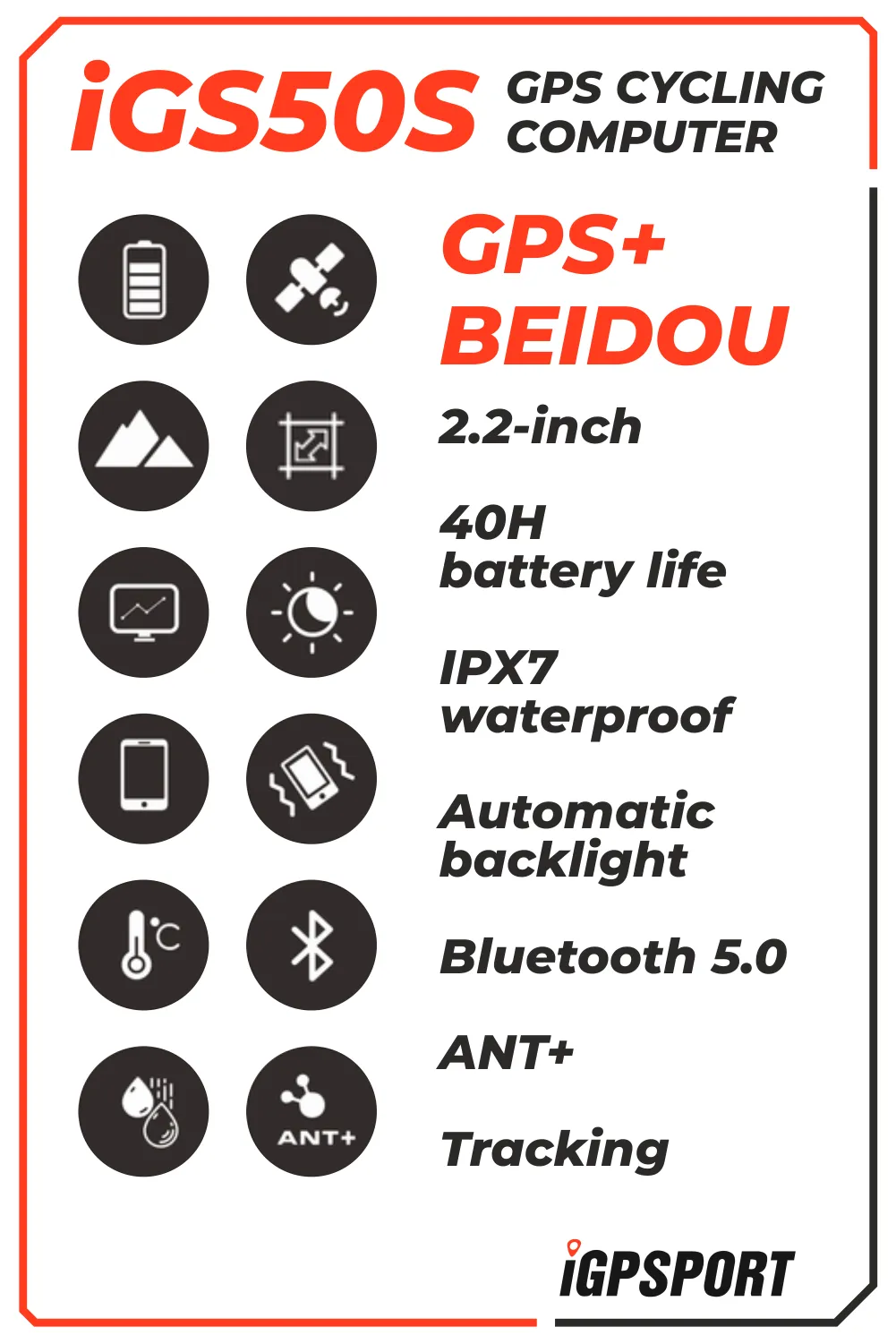 iGPSPORT iGS50S GPS Wireless Bike Computer w/ HR60 Heart Rate, BH50 Case, M80 Mount, SPD70 Speed and CAD70 Cadence Sensors and Bike Multi-Tool Bundle