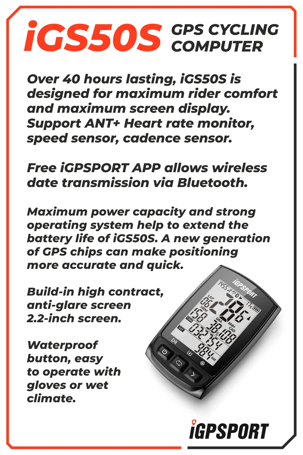 iGPSPORT iGS50S GPS Wireless Bike Computer w/ HR60 Heart Rate, BH50 Case, M80 Mount, SPD70 Speed and CAD70 Cadence Sensors and Bike Multi-Tool Bundle