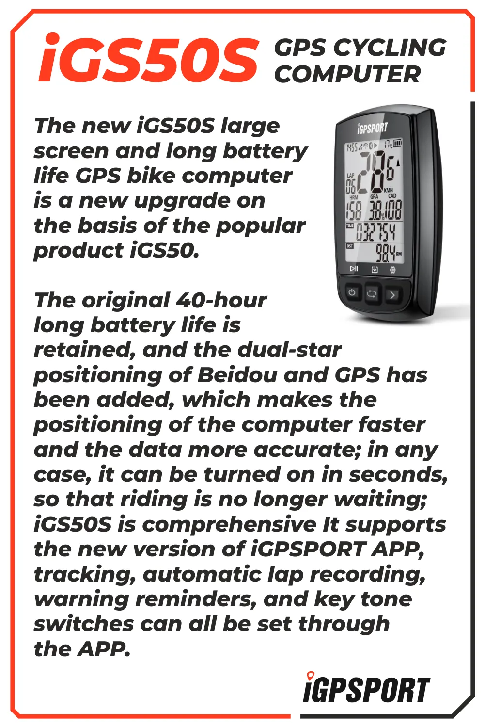 iGPSPORT iGS50S GPS Wireless Bike Computer w/ HR60 Heart Rate, BH50 Case, M80 Mount, SPD70 Speed and CAD70 Cadence Sensors and Bike Multi-Tool Bundle