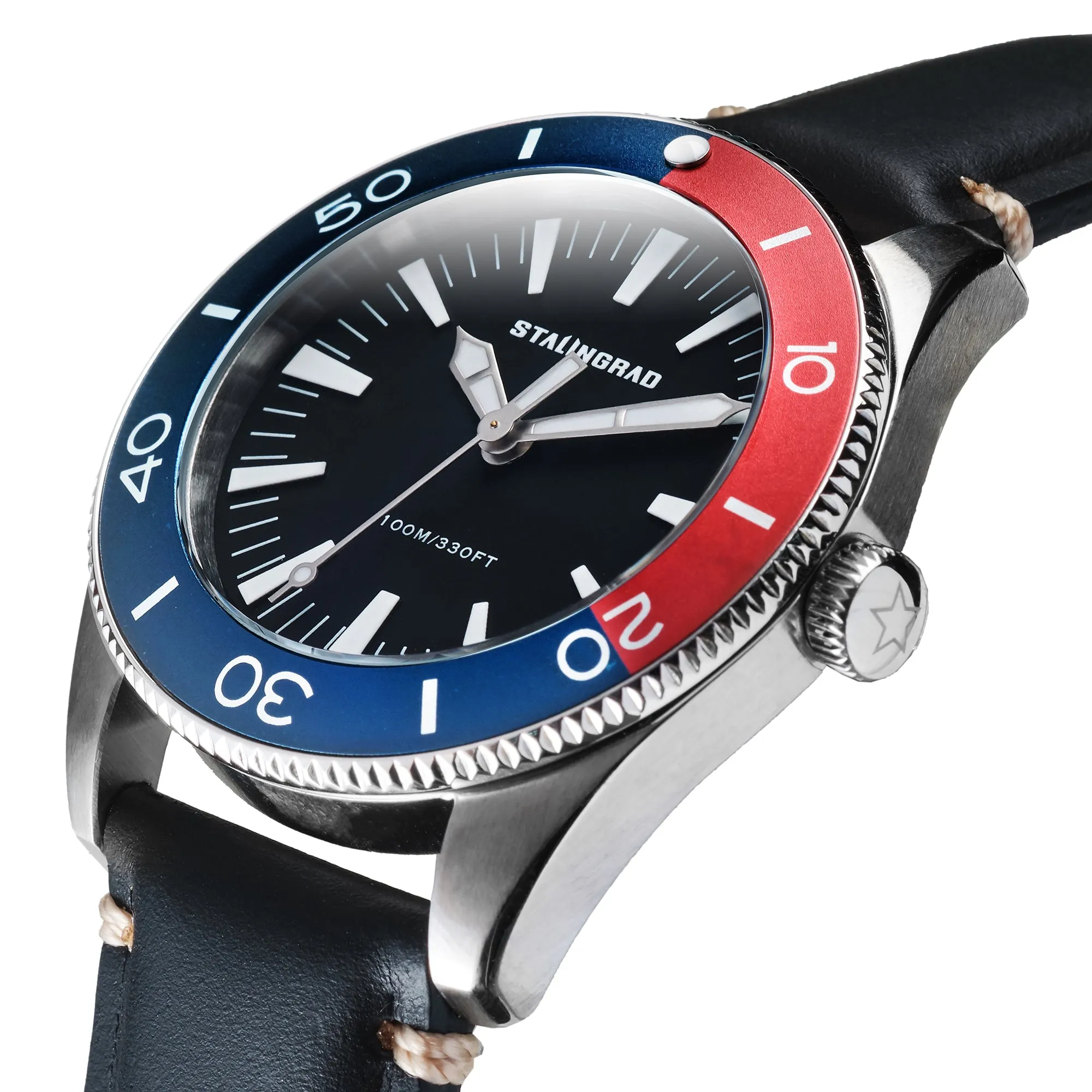 Iron Will. Black Dial. Pepsi bezel. Black Leather Strap. SG-0012-06