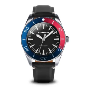 Iron Will. Black Dial. Pepsi bezel. Black Leather Strap. SG-0012-06