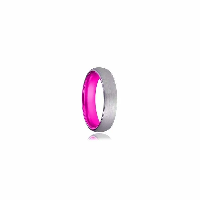KENNA Women's Domed Tungsten Carbide Wedding Band w/ Pink Inside IP 4MM & 6MM