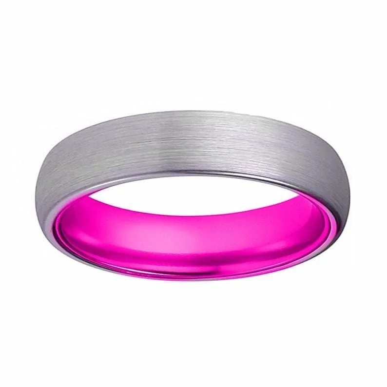 KENNA Women's Domed Tungsten Carbide Wedding Band w/ Pink Inside IP 4MM & 6MM