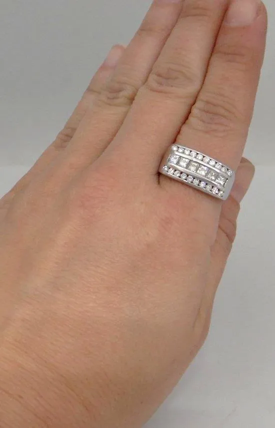 LADIES 14k WHITE GOLD 1.00ct ROUND PRINCESS CUT DIAMOND 3 THREE ROW RING 9 10mm