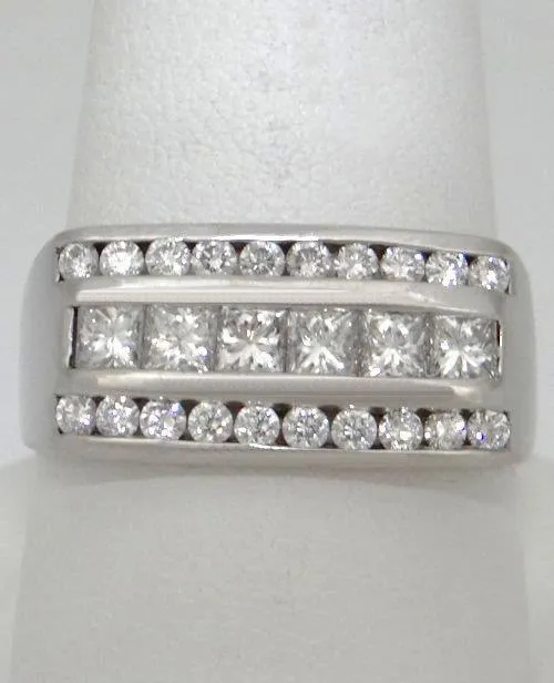 LADIES 14k WHITE GOLD 1.00ct ROUND PRINCESS CUT DIAMOND 3 THREE ROW RING 9 10mm