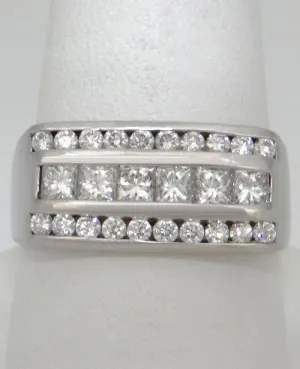LADIES 14k WHITE GOLD 1.00ct ROUND PRINCESS CUT DIAMOND 3 THREE ROW RING 9 10mm