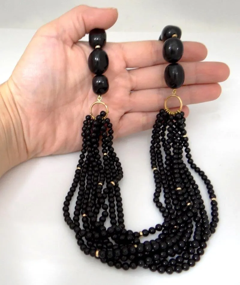 LADIES ZOE B. 14K YELLOW GOLD BLACK ONYX BEADED STRAND TOGGLE NECKLACE  24"