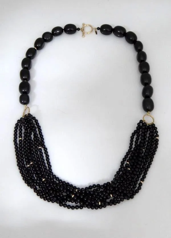 LADIES ZOE B. 14K YELLOW GOLD BLACK ONYX BEADED STRAND TOGGLE NECKLACE  24"
