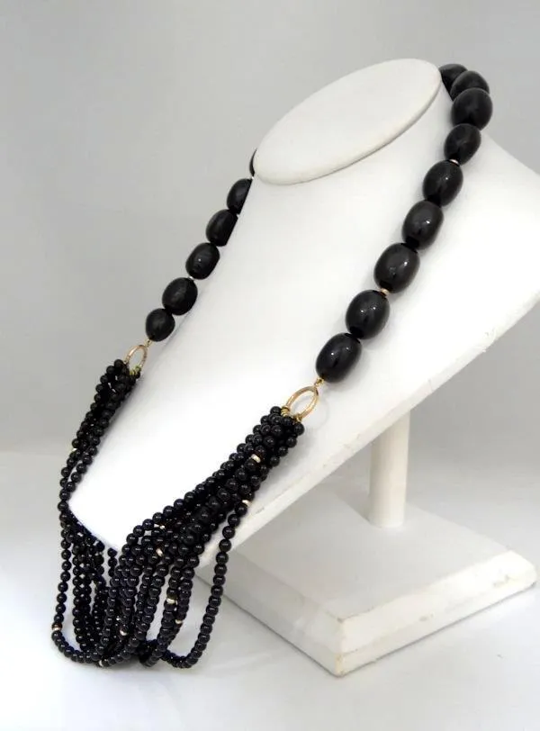 LADIES ZOE B. 14K YELLOW GOLD BLACK ONYX BEADED STRAND TOGGLE NECKLACE  24"