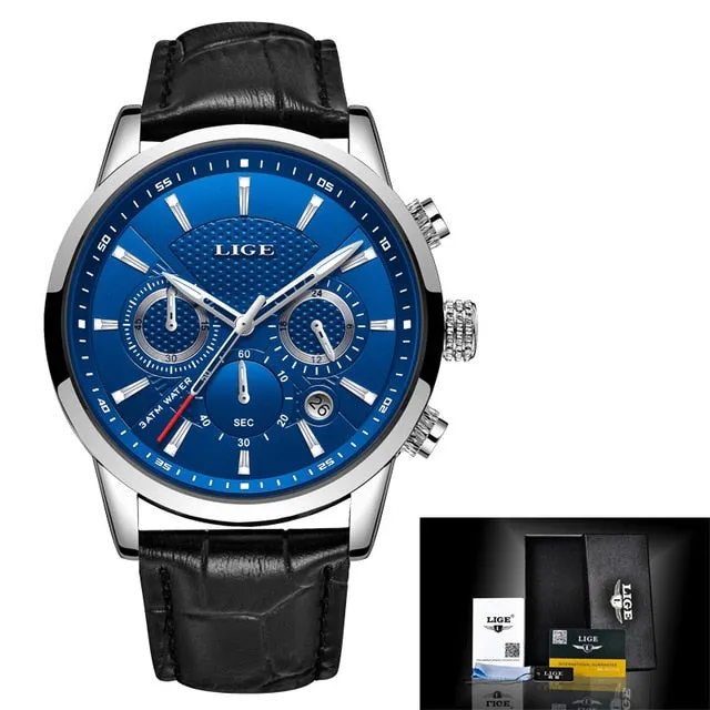 Leather Chronograph Waterproof Automatic Date Quartz Men Watch