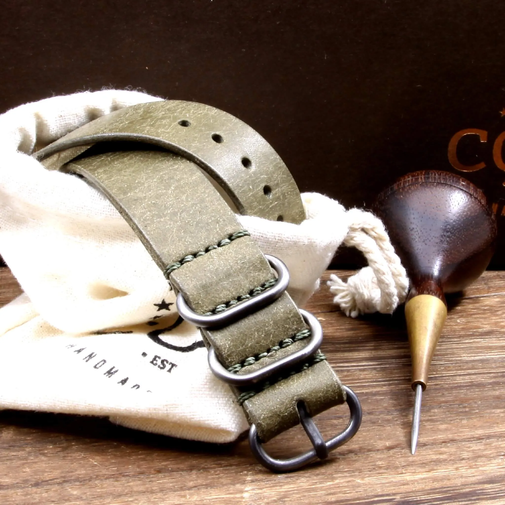 Leather Watch Strap, 4-Ring Rustic Olive