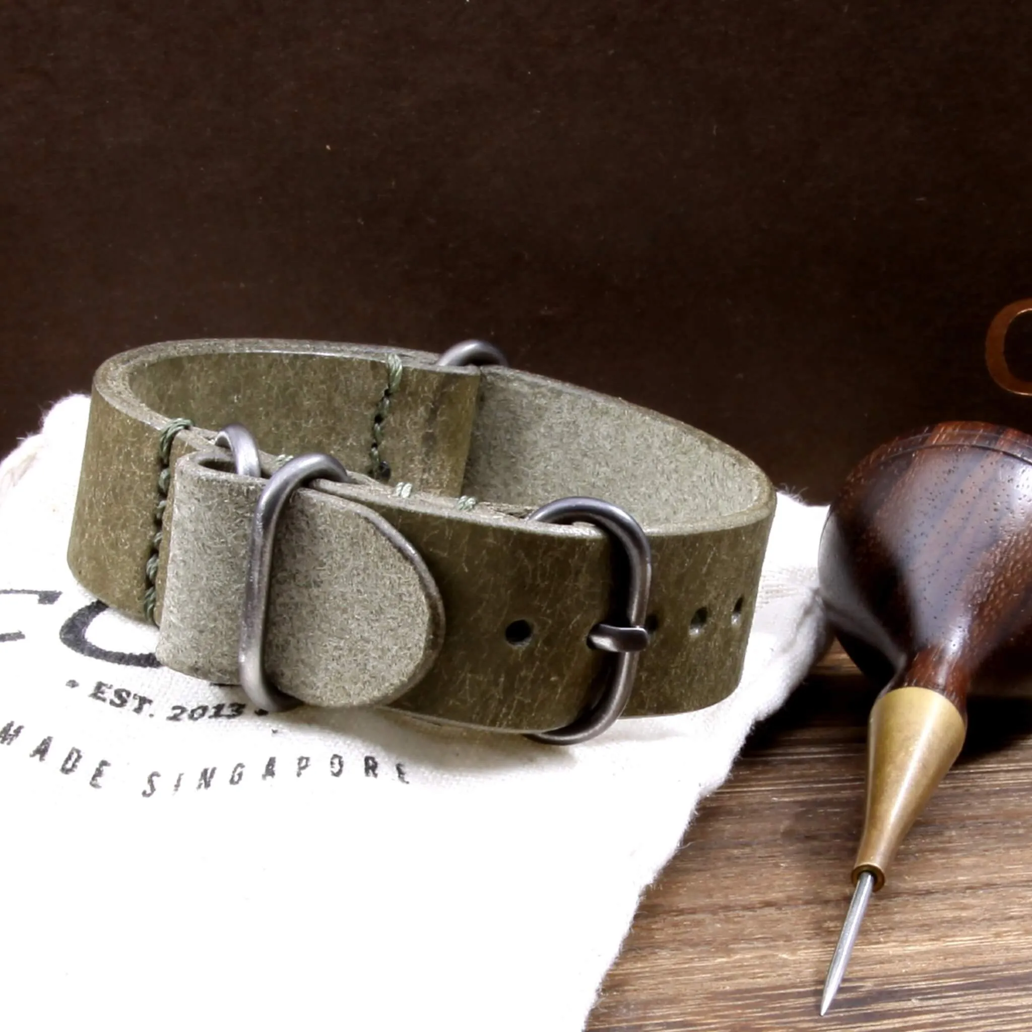 Leather Watch Strap, 4-Ring Rustic Olive