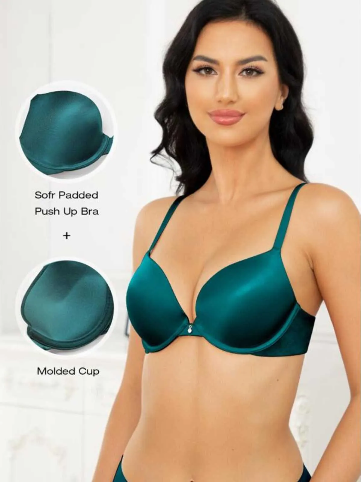 Lightly Padded Plunge Everyday Basic Underwire Push Up Bra Malachite Green