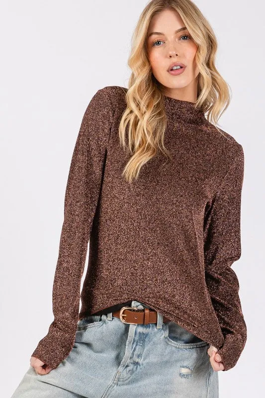 Lindsey Glitter Mock Neck Long Sleeve Top