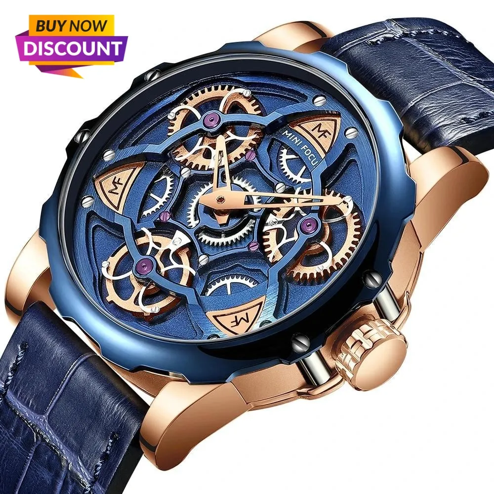 Luxury Brand Sports Skeleton Military Quartz Hollow Leather Men's Watches