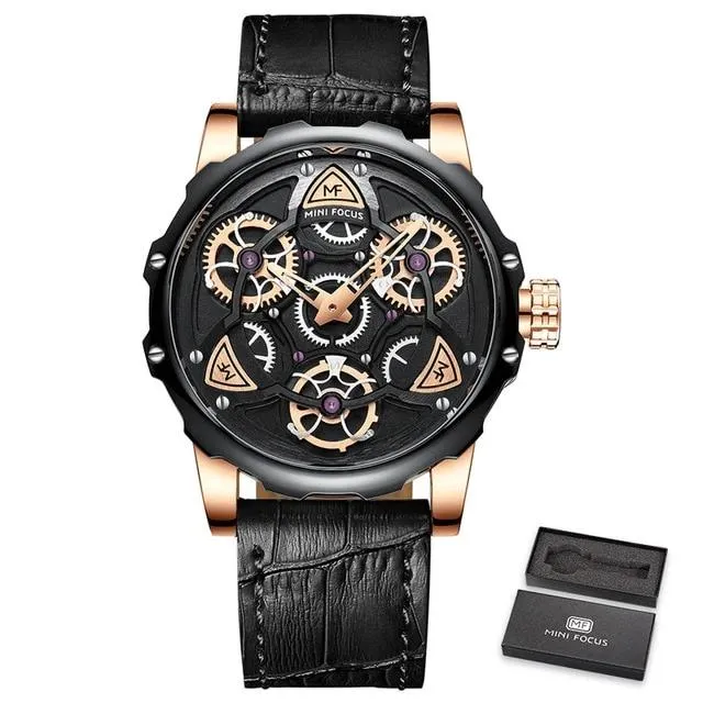 Luxury Brand Sports Skeleton Military Quartz Hollow Leather Men's Watches