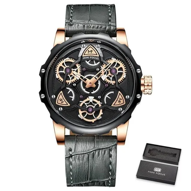 Luxury Brand Sports Skeleton Military Quartz Hollow Leather Men's Watches