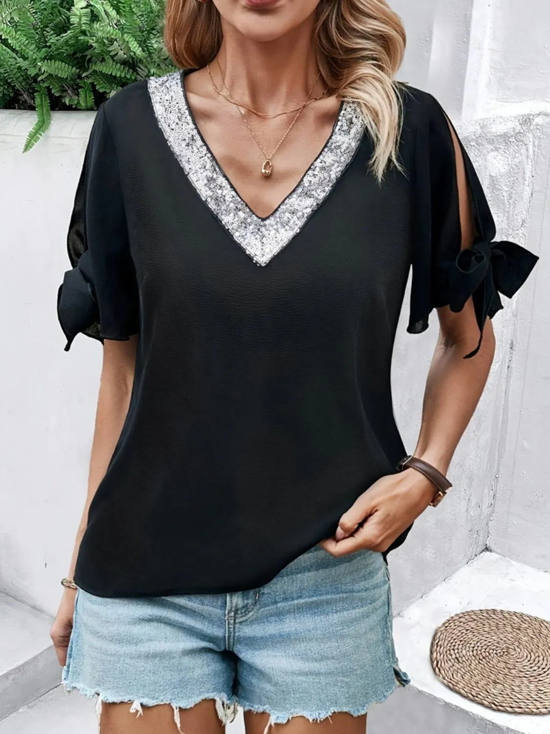 Maggie V-Neck Bow Short Sleeve Blouse