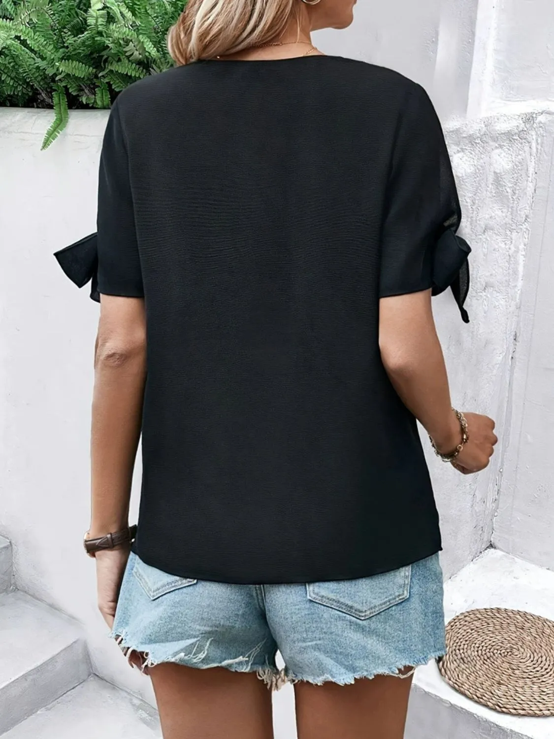 Maggie V-Neck Bow Short Sleeve Blouse