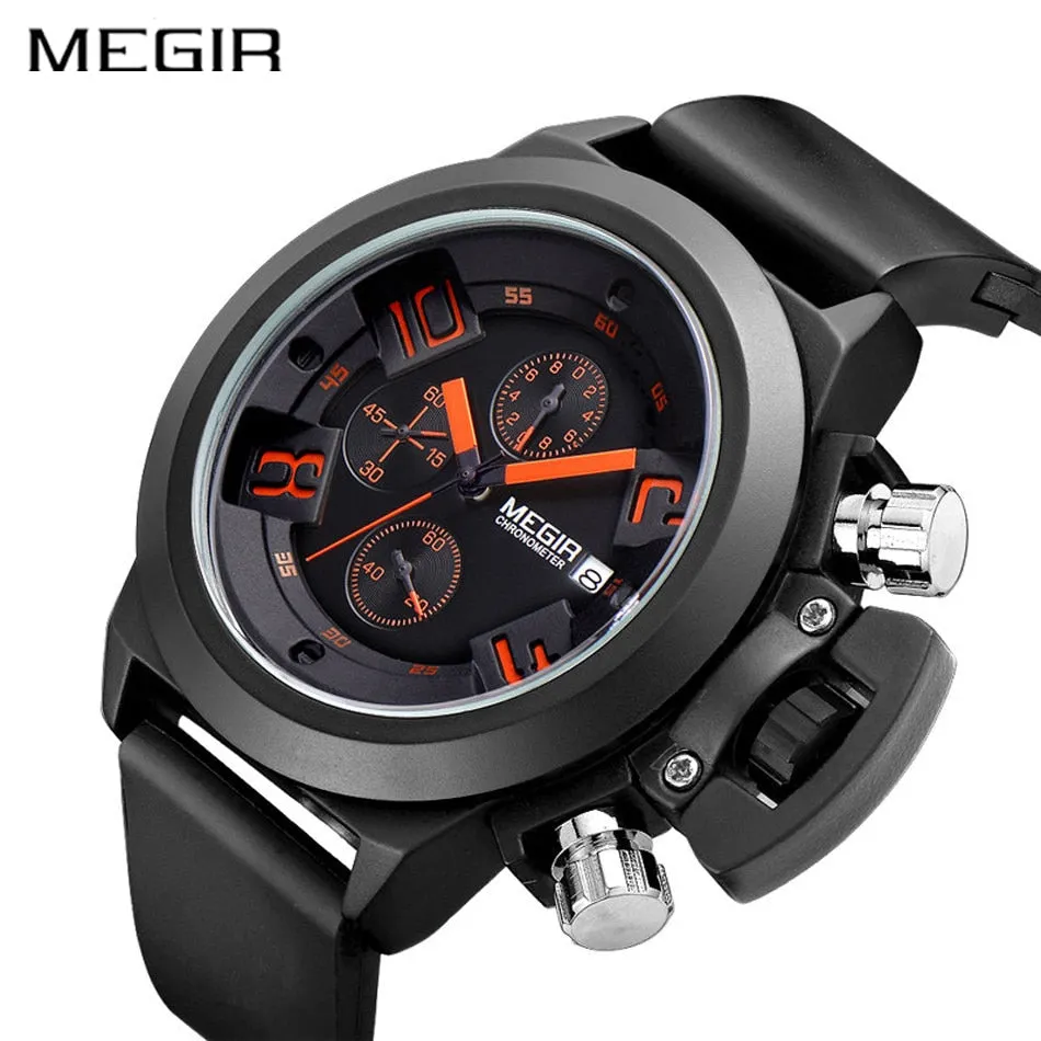 MEGIR 3D Engraved Dial Black Silicone Waterproof Military Sport Watch