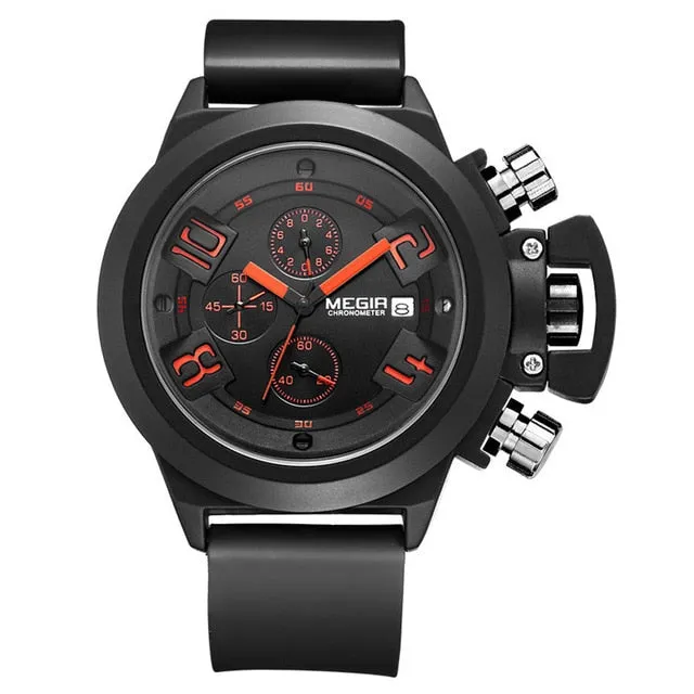 MEGIR 3D Engraved Dial Black Silicone Waterproof Military Sport Watch