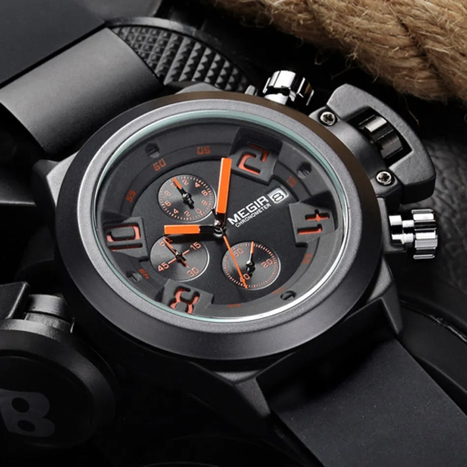 MEGIR 3D Engraved Dial Black Silicone Waterproof Military Sport Watch