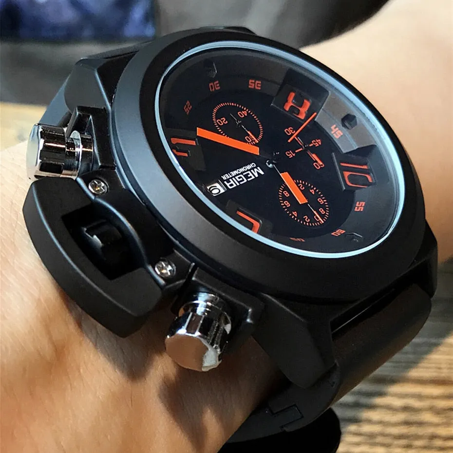 MEGIR 3D Engraved Dial Black Silicone Waterproof Military Sport Watch