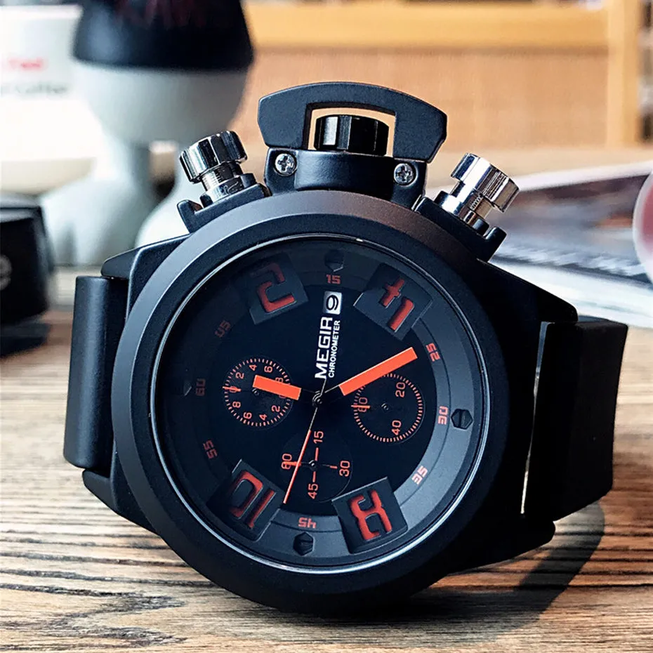 MEGIR 3D Engraved Dial Black Silicone Waterproof Military Sport Watch
