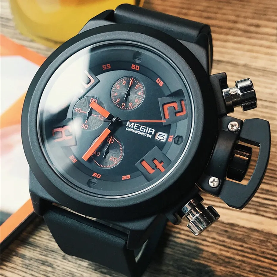 MEGIR 3D Engraved Dial Black Silicone Waterproof Military Sport Watch