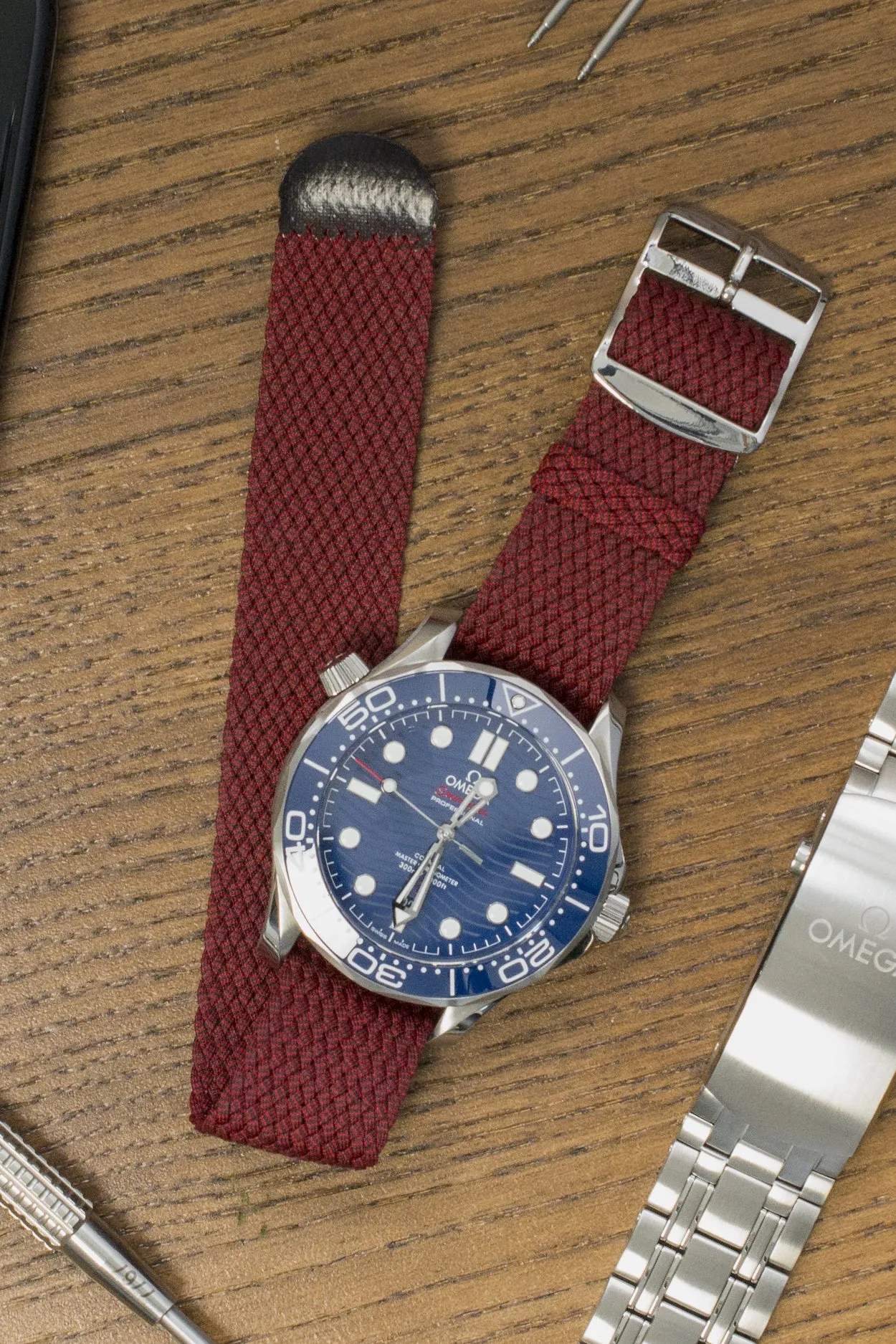 MELANGE PERLON Braided Watch Strap & Buckle in SANGRIA RED
