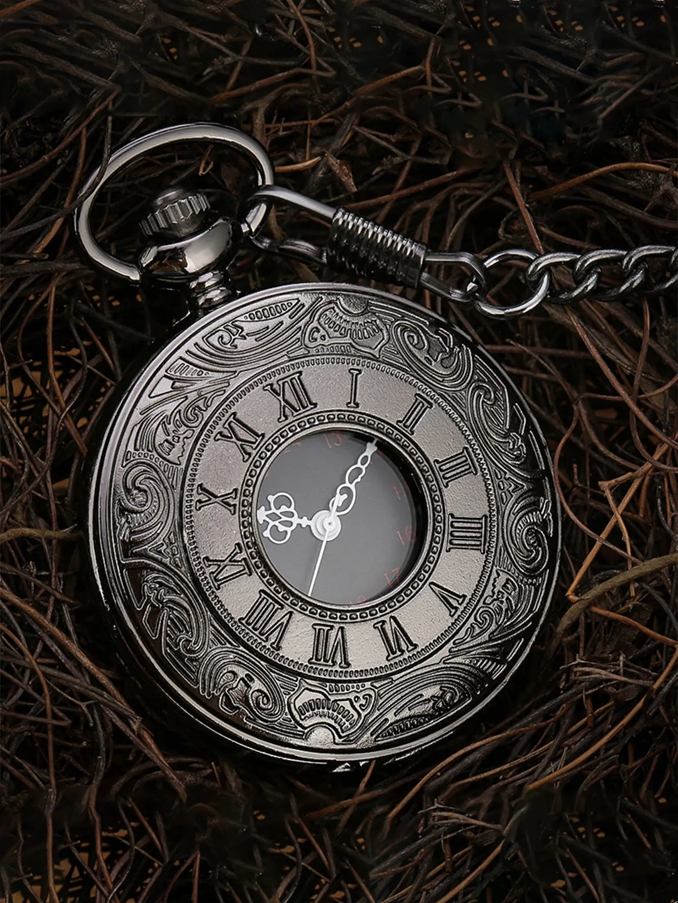 Men Engraved Quartz Pocket Watch - Black