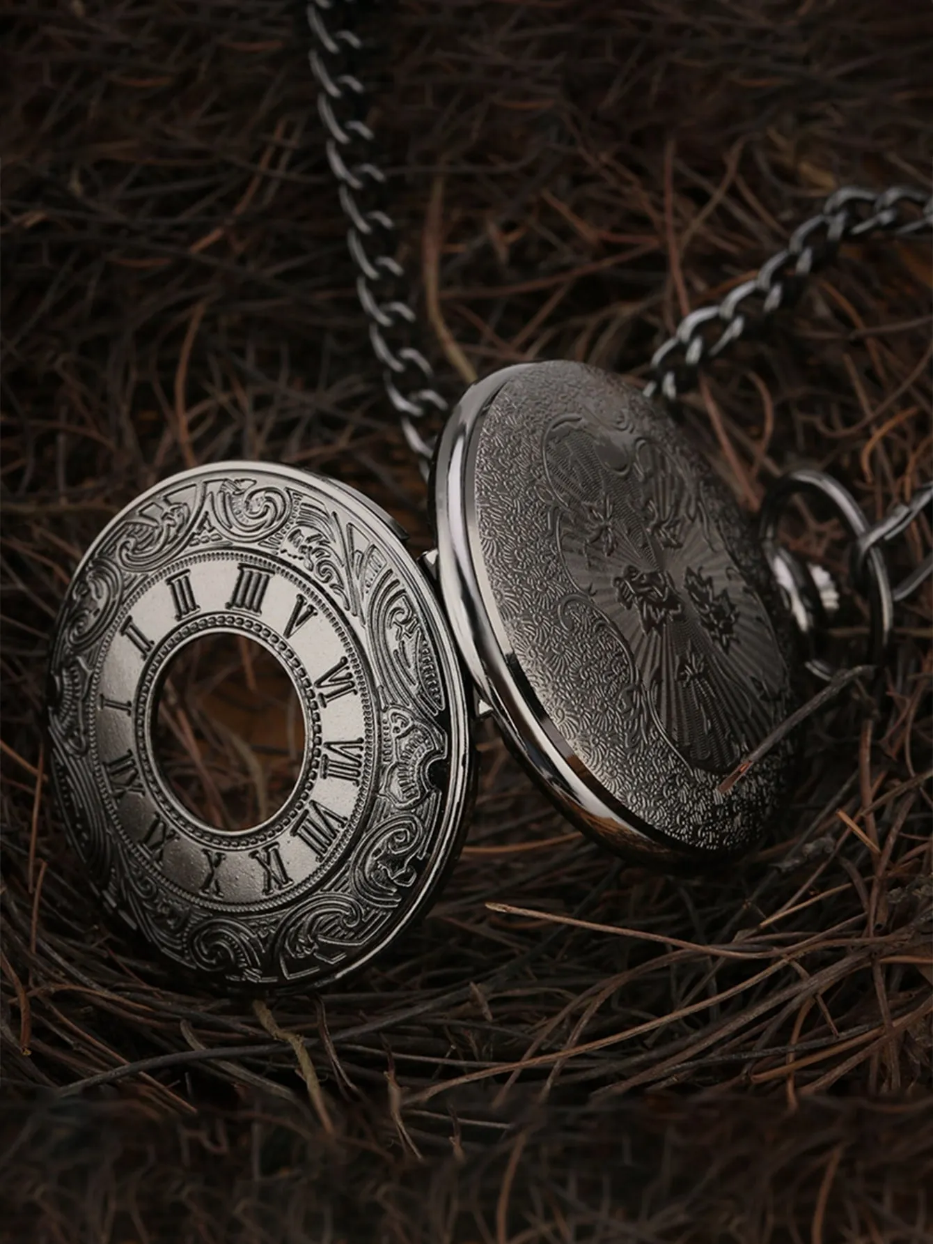 Men Engraved Quartz Pocket Watch - Black